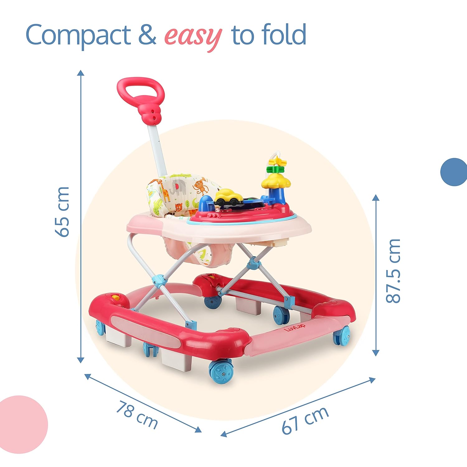 Usmile Toys LuvLap Comfy 2-in-1 baby walker in yellow and green, featuring a cushioned seat with animal print and integrated rattling toys. www.usmile.toys
